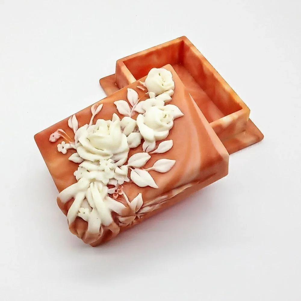 Hand-Carved Incolay Rose Stone Covered Box